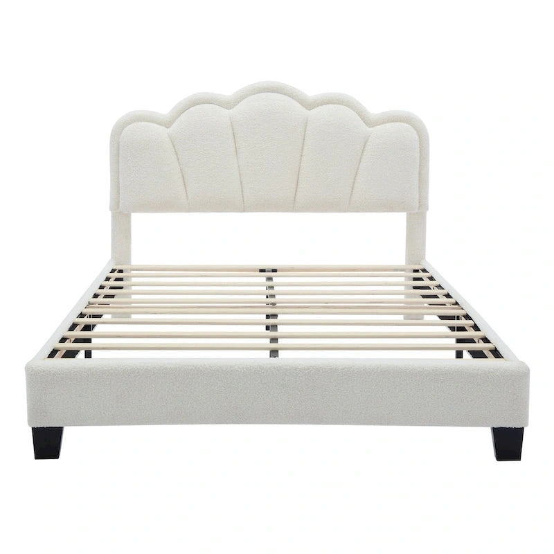 Set Camera da Letto 2 Pezzi Dimensione Matrimoniale, Letto a Piattaforma a Forma di Fiore Rivestito in Tessuto Sherpa con Luci LED e Pouf Contenitore