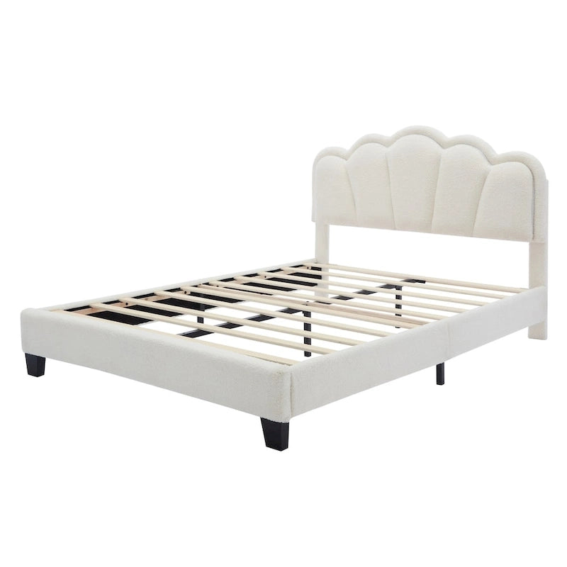 Set Camera da Letto 2 Pezzi Dimensione Matrimoniale, Letto a Piattaforma a Forma di Fiore Rivestito in Tessuto Sherpa con Luci LED e Pouf Contenitore