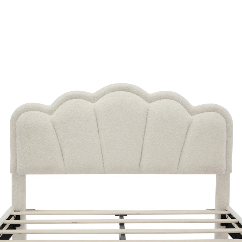 Set Camera da Letto 2 Pezzi Dimensione Matrimoniale, Letto a Piattaforma a Forma di Fiore Rivestito in Tessuto Sherpa con Luci LED e Pouf Contenitore