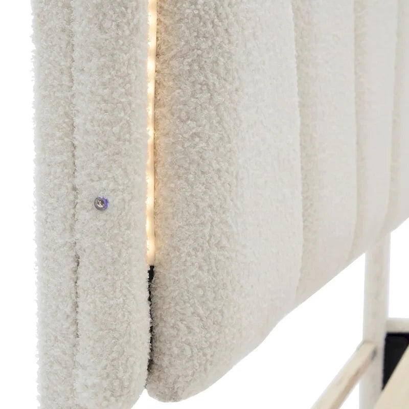 Set Camera da Letto 2 Pezzi Dimensione Matrimoniale, Letto a Piattaforma a Forma di Fiore Rivestito in Tessuto Sherpa con Luci LED e Pouf Contenitore