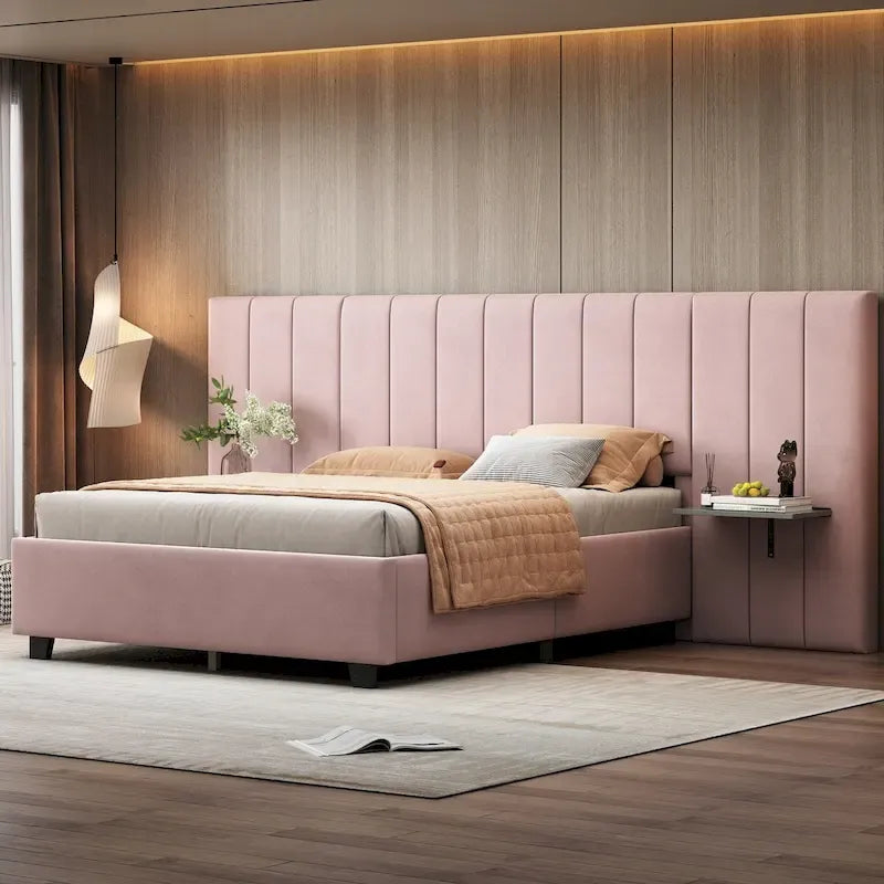 Letto a piattaforma in velluto imbottito di grandi dimensioni con testiera grande, mobili da camera da letto