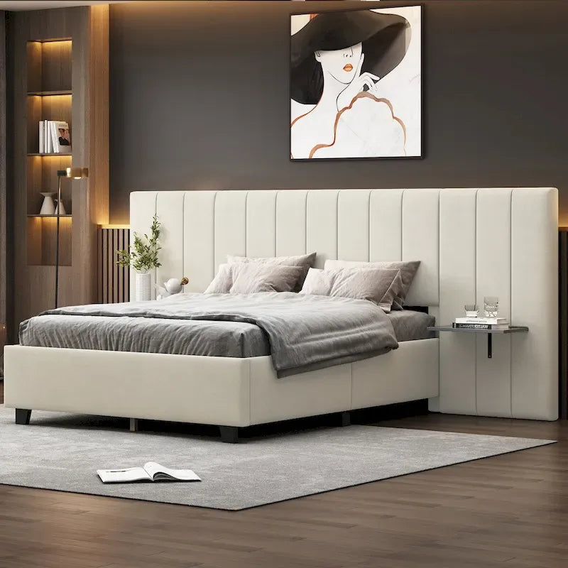 Letto a piattaforma in velluto imbottito di grandi dimensioni con testiera grande, mobili da camera da letto