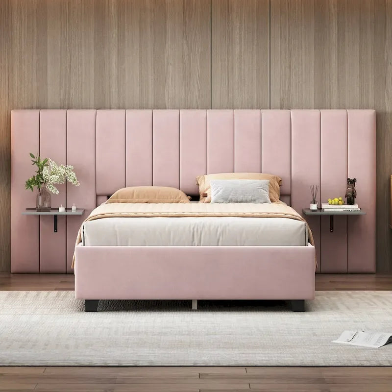 Letto a piattaforma in velluto imbottito di grandi dimensioni con testiera grande, mobili da camera da letto