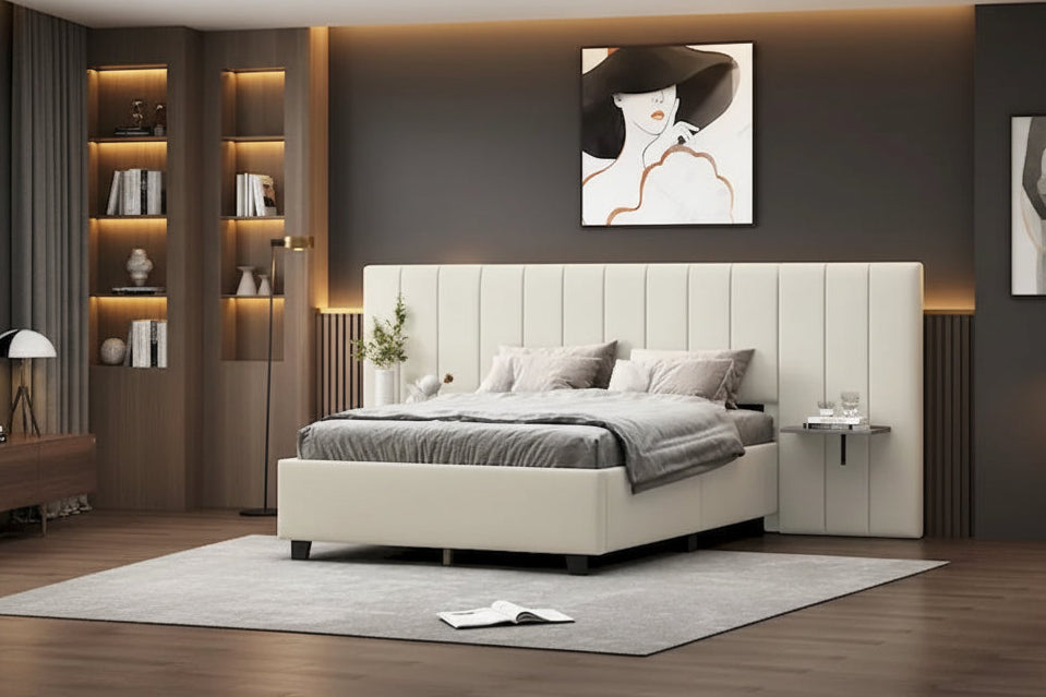 Letto a piattaforma in velluto imbottito di grandi dimensioni con testiera grande, mobili da camera da letto