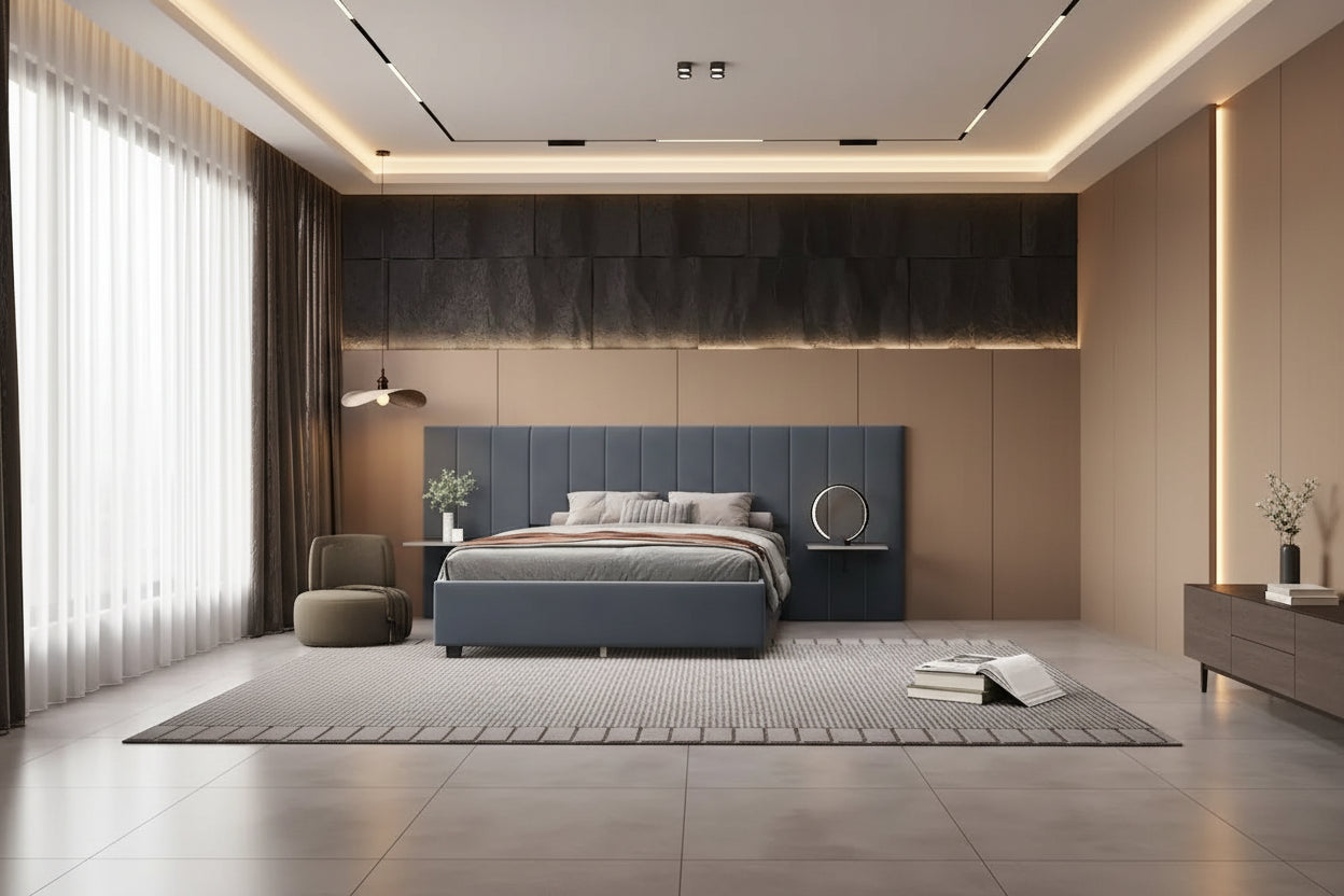 Letto a piattaforma in velluto imbottito di grandi dimensioni con testiera grande, mobili da camera da letto