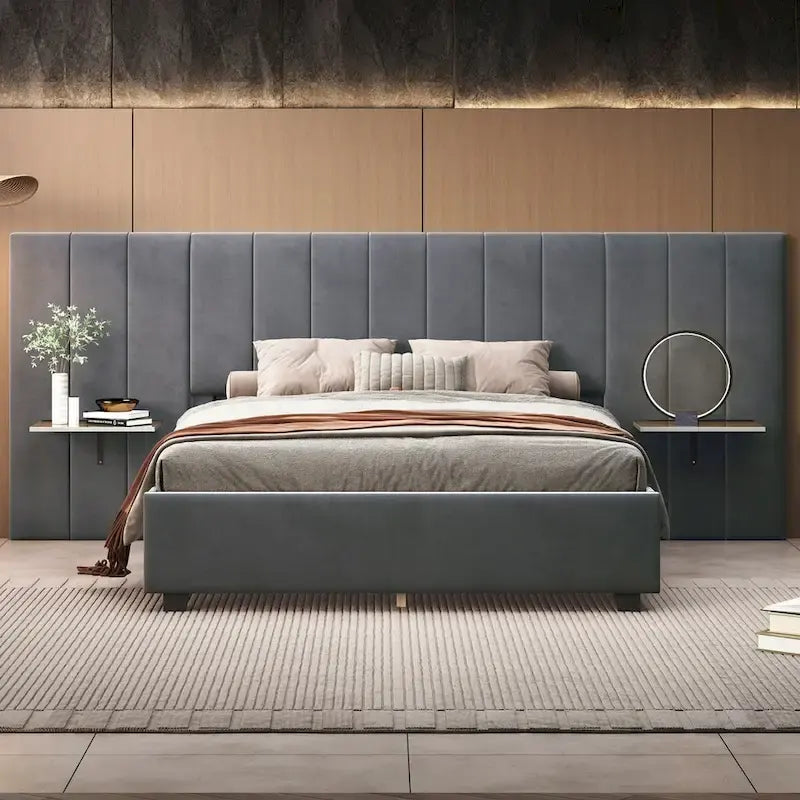 Letto a piattaforma in velluto imbottito di grandi dimensioni con testiera grande, mobili da camera da letto