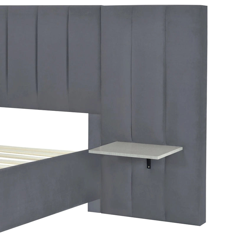 Letto a piattaforma in velluto imbottito di grandi dimensioni con testiera grande, mobili da camera da letto