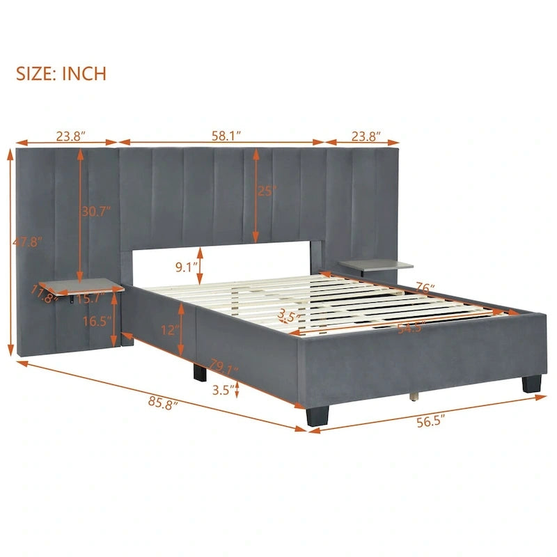 Letto a piattaforma in velluto imbottito di grandi dimensioni con testiera grande, mobili da camera da letto