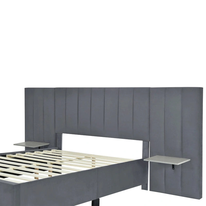 Letto a piattaforma in velluto imbottito di grandi dimensioni con testiera grande, mobili da camera da letto