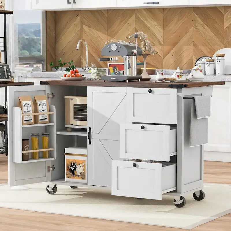 Grande isola cucina su ruote con contenitore e presa elettrica
