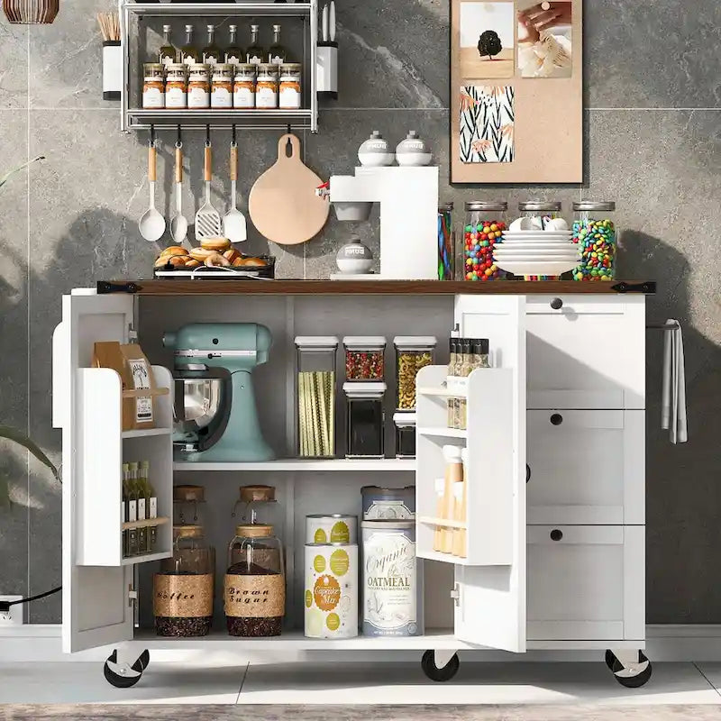 Grande isola cucina su ruote con contenitore e presa elettrica