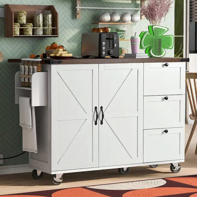 Grande isola cucina su ruote con contenitore e presa elettrica