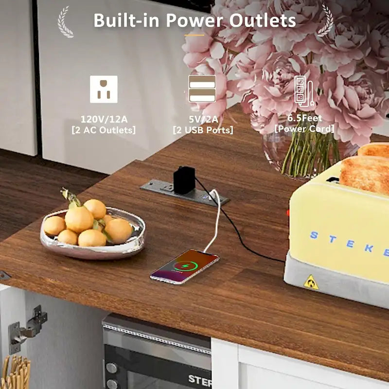 Grande isola cucina su ruote con contenitore e presa elettrica