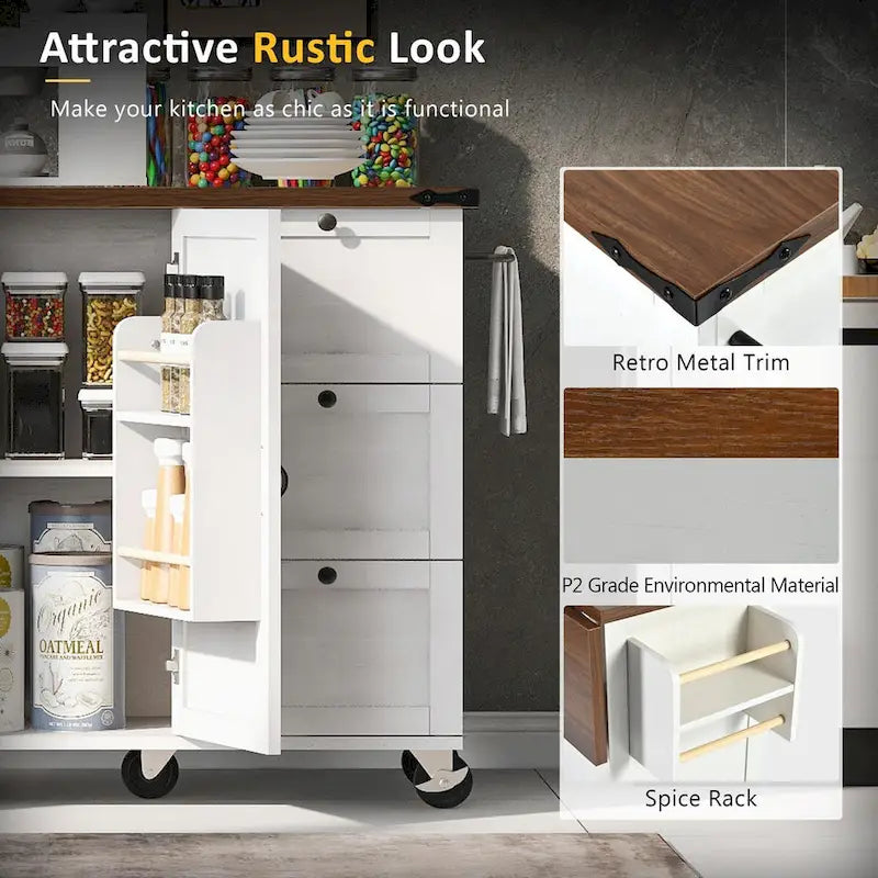 Grande isola cucina su ruote con contenitore e presa elettrica