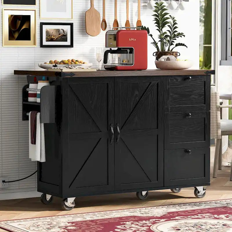 Grande isola cucina su ruote con contenitore e presa elettrica