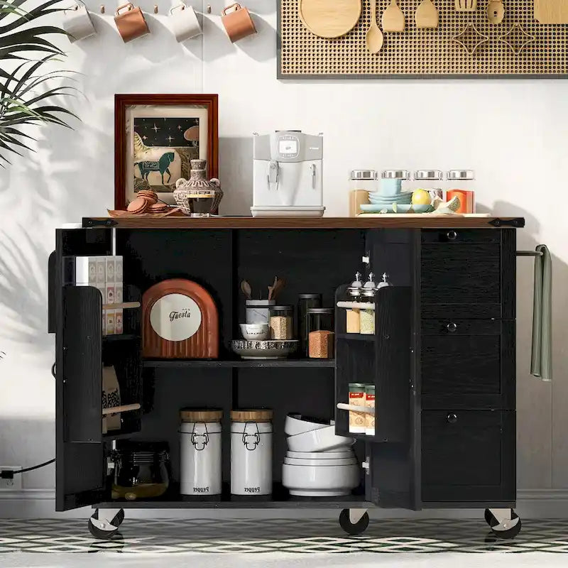 Grande isola cucina su ruote con contenitore e presa elettrica