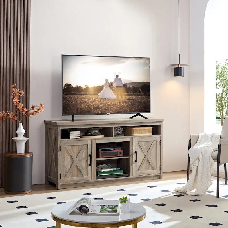 Mobile porta TV/consolle con ante scorrevoli in stile rustico per televisori fino a 65 pollici con vani aperti e chiusi