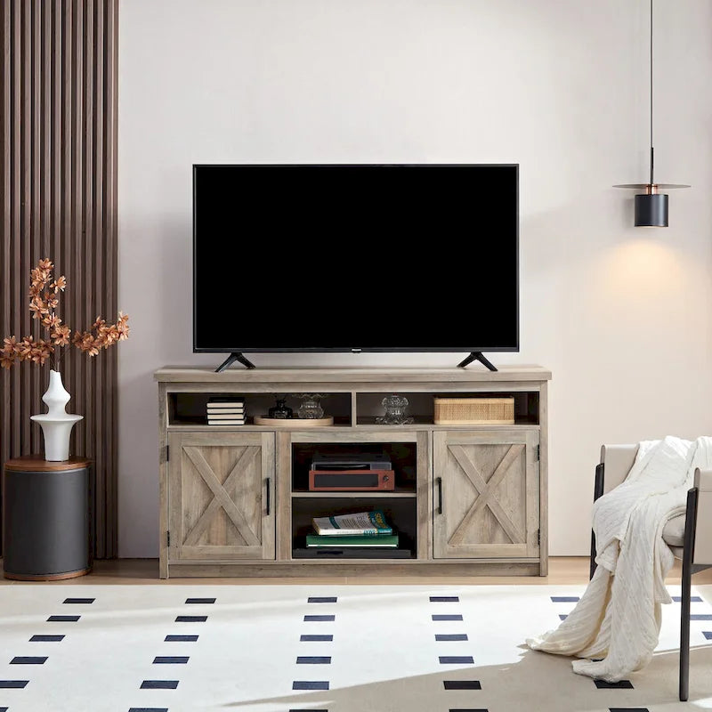 Mobile porta TV/consolle con ante scorrevoli in stile rustico per televisori fino a 65 pollici con vani aperti e chiusi