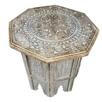 Tavolino Artigianale da Fattoria, 45 cm, Design Intagliato, Legno di Mango, Piano Ottagonale, Marrone Antico
