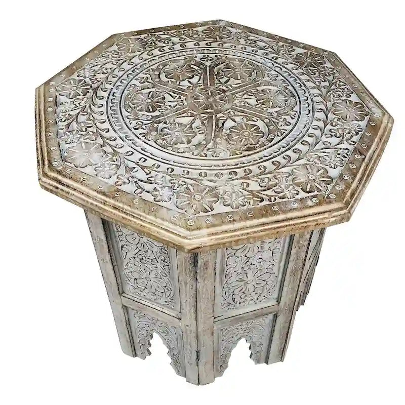 Tavolino Artigianale da Fattoria, 45 cm, Design Intagliato, Legno di Mango, Piano Ottagonale, Marrone Antico