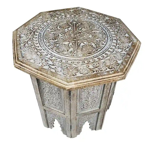 Tavolino Artigianale da Fattoria, 45 cm, Design Intagliato, Legno di Mango, Piano Ottagonale, Marrone Antico