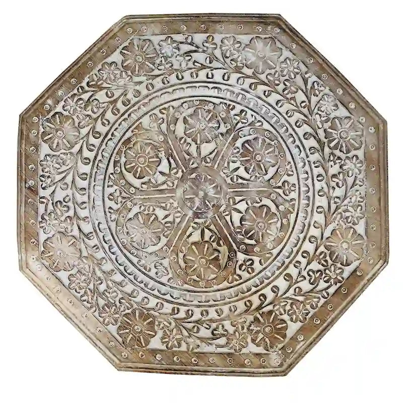 Tavolino Artigianale da Fattoria, 45 cm, Design Intagliato, Legno di Mango, Piano Ottagonale, Marrone Antico