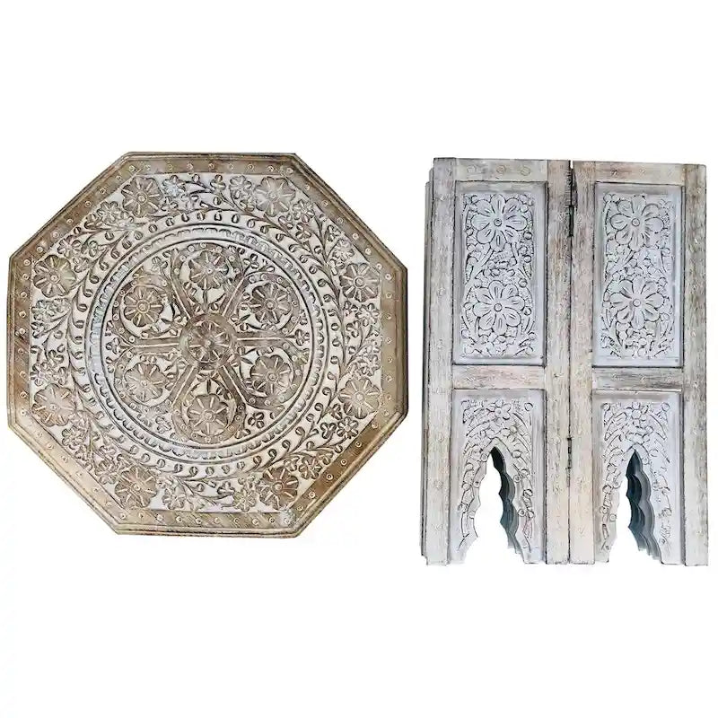 Tavolino Artigianale da Fattoria, 45 cm, Design Intagliato, Legno di Mango, Piano Ottagonale, Marrone Antico