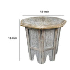 Tavolino Artigianale da Fattoria, 45 cm, Design Intagliato, Legno di Mango, Piano Ottagonale, Marrone Antico
