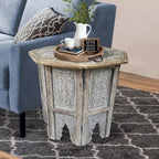 Tavolino Artigianale da Fattoria, 45 cm, Design Intagliato, Legno di Mango, Piano Ottagonale, Marrone Antico
