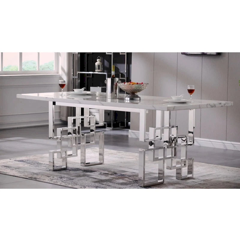 Tavolo da pranzo da 78 pollici in finto marmo con base geometrica in metallo