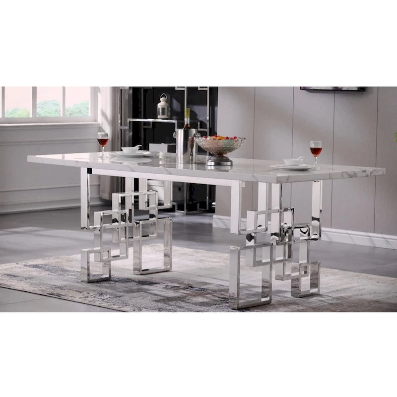 Tavolo da pranzo da 78 pollici in finto marmo con base geometrica in metallo