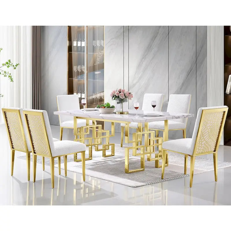 Tavolo da pranzo da 78 pollici in finto marmo con base geometrica in metallo