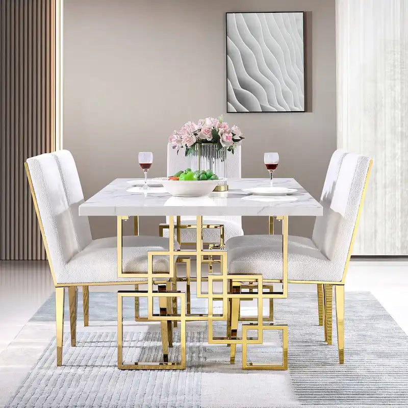 Tavolo da pranzo da 78 pollici in finto marmo con base geometrica in metallo