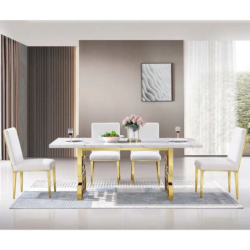 Tavolo da pranzo da 78 pollici in finto marmo con base geometrica in metallo