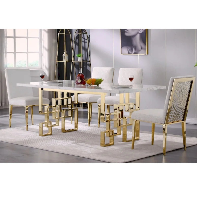 Tavolo da pranzo da 78 pollici in finto marmo con base geometrica in metallo