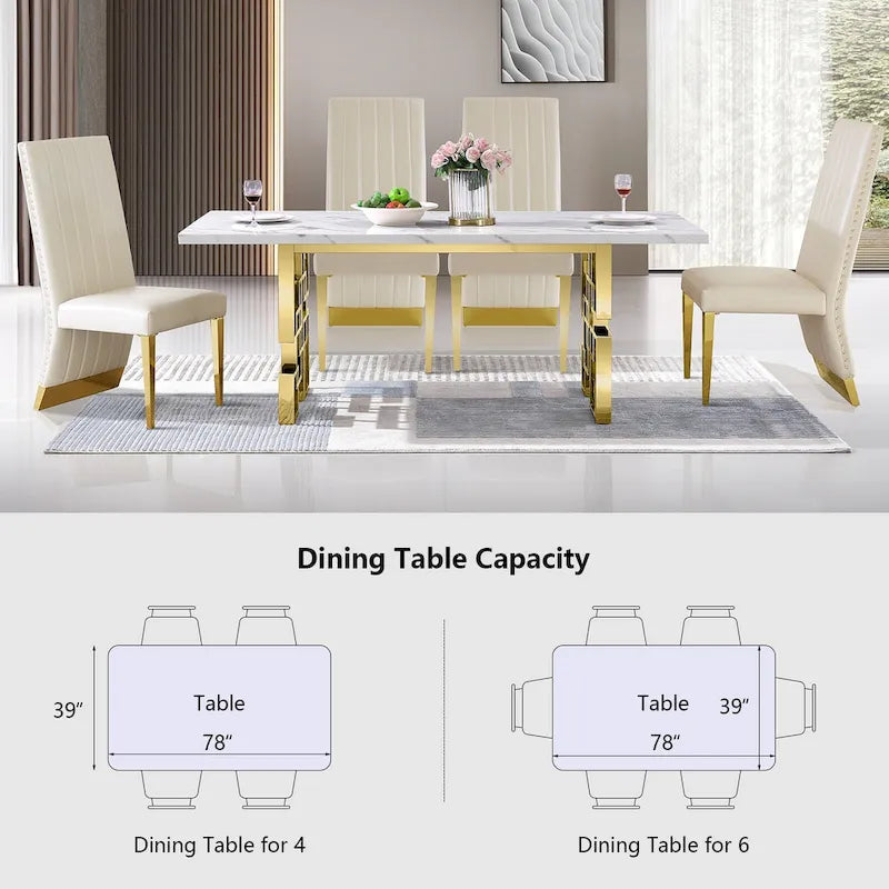 Tavolo da pranzo da 78 pollici in finto marmo con base geometrica in metallo