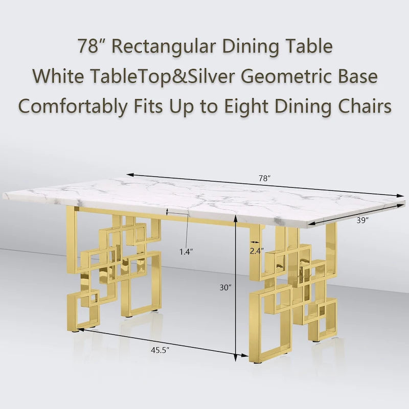 Tavolo da pranzo da 78 pollici in finto marmo con base geometrica in metallo