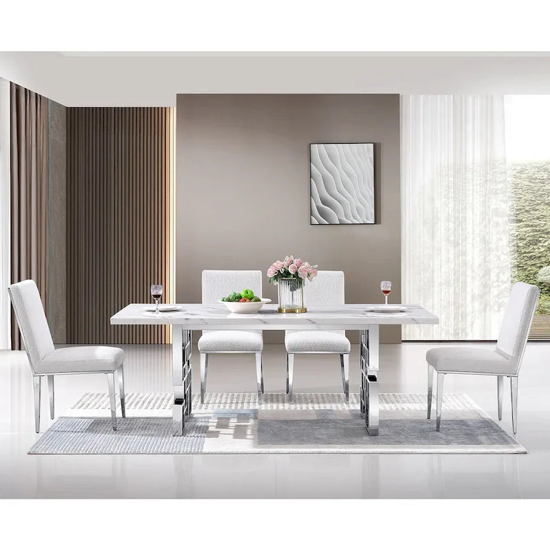 Tavolo da pranzo da 78 pollici in finto marmo con base geometrica in metallo