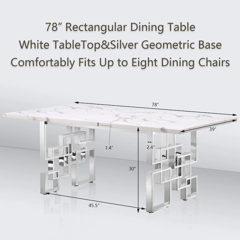 Tavolo da pranzo da 78 pollici in finto marmo con base geometrica in metallo