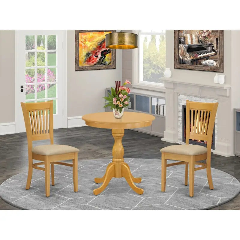  3 Piece Dining Table Set Contains a Round Dining Room Table and 2 Kitchen Chairs, Oak (Seat Options)