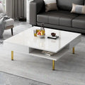 Tavolino da Caffè Laccato Lucido: 4 Gambe Dorate, 2 Cassetti, Design Quadrato a 2 Livelli