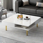 Tavolino da Caffè Laccato Lucido: 4 Gambe Dorate, 2 Cassetti, Design Quadrato a 2 Livelli