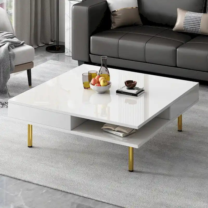 Tavolino da Caffè Laccato Lucido: 4 Gambe Dorate, 2 Cassetti, Design Quadrato a 2 Livelli