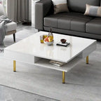 Tavolino da Caffè Laccato Lucido: 4 Gambe Dorate, 2 Cassetti, Design Quadrato a 2 Livelli