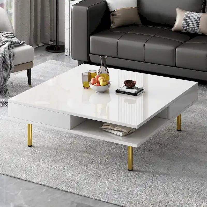 Tavolino da Caffè Laccato Lucido: 4 Gambe Dorate, 2 Cassetti, Design Quadrato a 2 Livelli