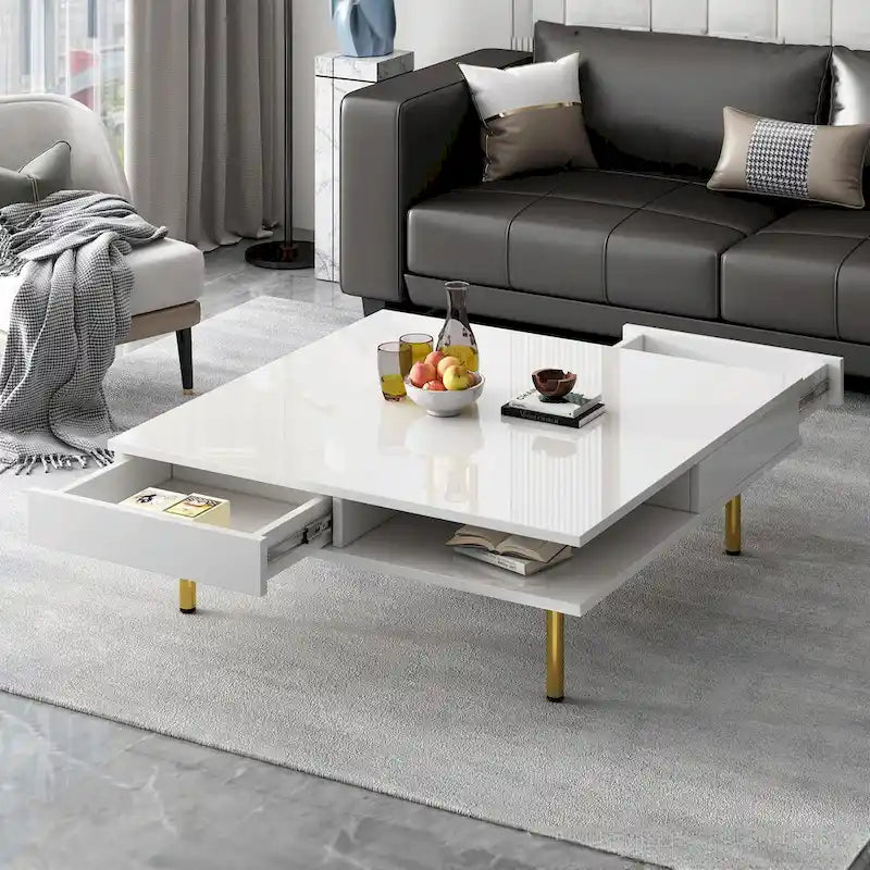 Tavolino da Caffè Laccato Lucido: 4 Gambe Dorate, 2 Cassetti, Design Quadrato a 2 Livelli