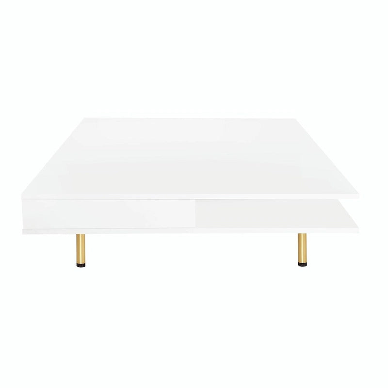 Tavolino da Caffè Laccato Lucido: 4 Gambe Dorate, 2 Cassetti, Design Quadrato a 2 Livelli