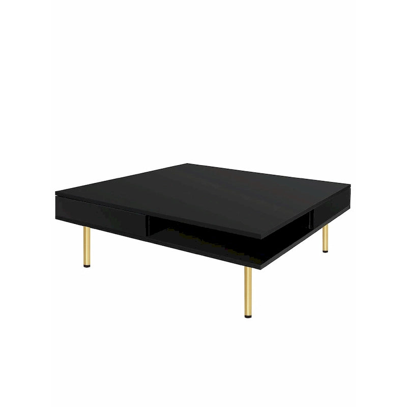 Tavolino da Caffè Laccato Lucido: 4 Gambe Dorate, 2 Cassetti, Design Quadrato a 2 Livelli