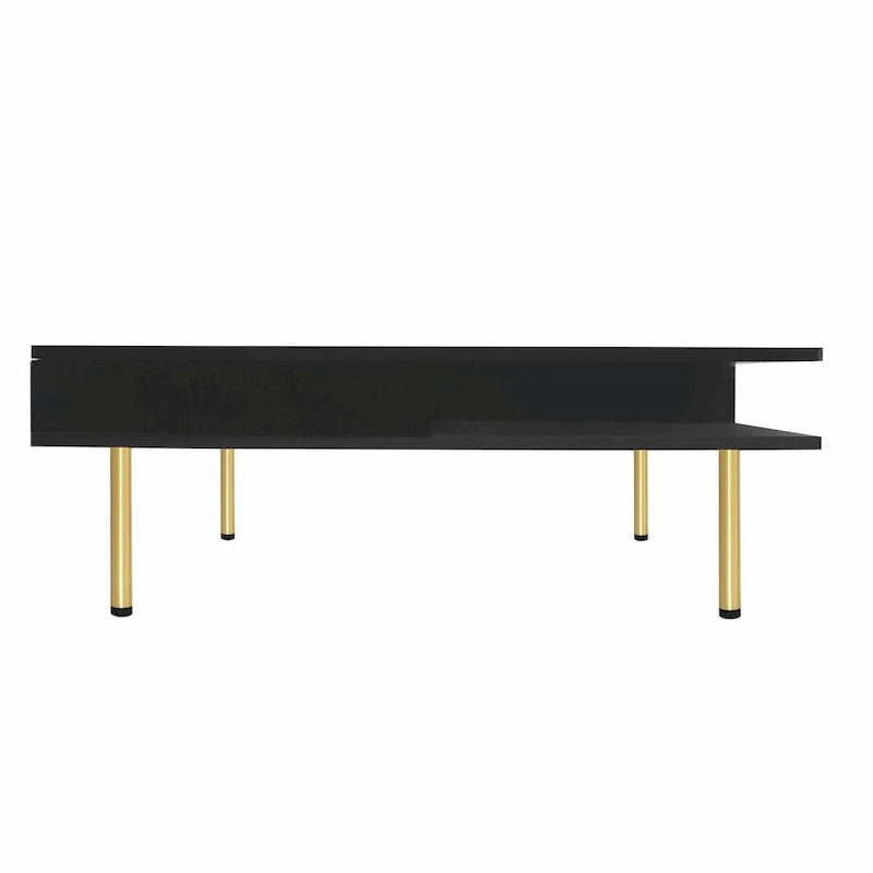 Tavolino da Caffè Laccato Lucido: 4 Gambe Dorate, 2 Cassetti, Design Quadrato a 2 Livelli