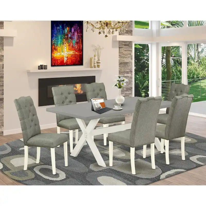  Dinette Set- a Dining Table and Gray Linen Fabric Parsons Chairs, Off-White(Pieces Options)
